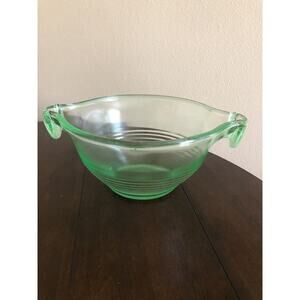 Vintage Green Vaseline Uranium U.S Glass 2 Handle Batter Mixing Bowl 11” USA